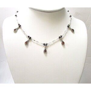 Vintage Sterling Silver 16.5" Tear Shape Garnet & Red Crystals Station Necklace